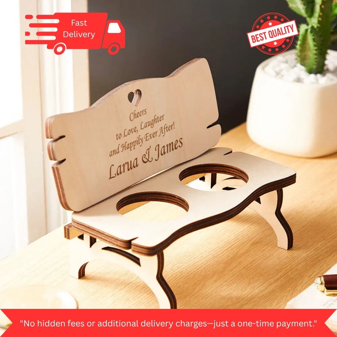 2- Personalised Decor wooden Bench With Shot Glass any text custom engraved table gift for Couples