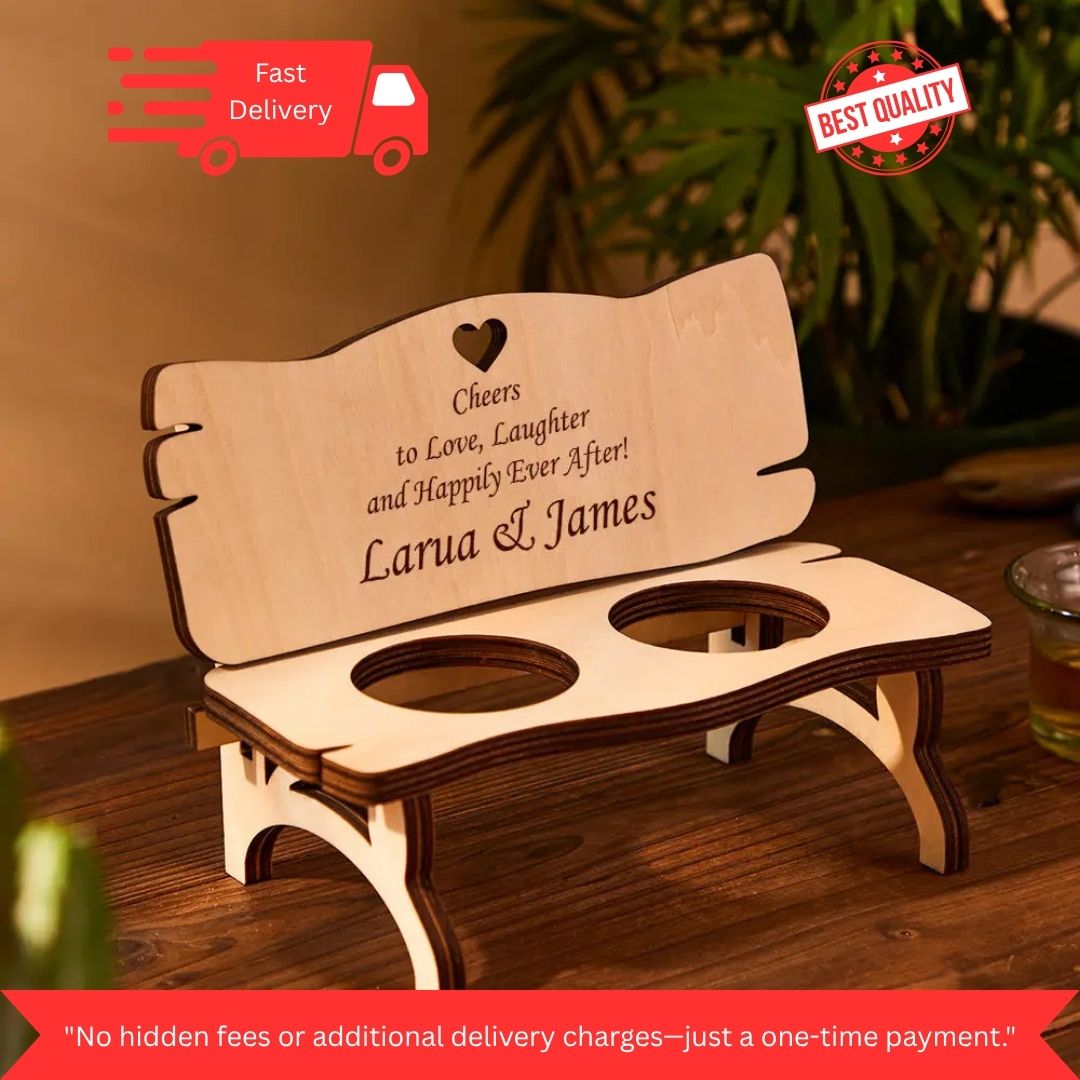 3- Personalised Decor Oak wooden Bench With Shot Glass any text custom engraved table gift for families